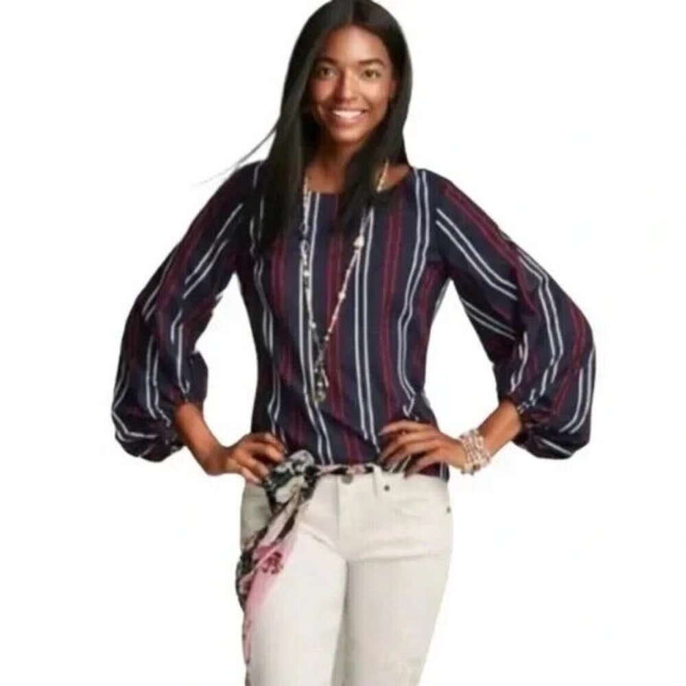 CABI Freedom Stripe Flag Blouse Size Medium Navy, Red, White Balloon Sleeves